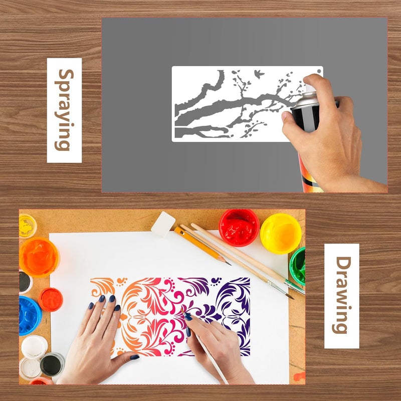 AFRITEE 15 Pack Border Stencil for Painting on Wood, 4x8 Inches Small Branch Floral Reusable Painting Templates for Wood Burning, Mandala Drawing Stencil Craft for Furniture Wall Interior Decoration - Image 5